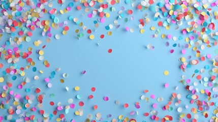 Sky blue backdrop with scattered multicolor confetti and centered clear space for branding or event info