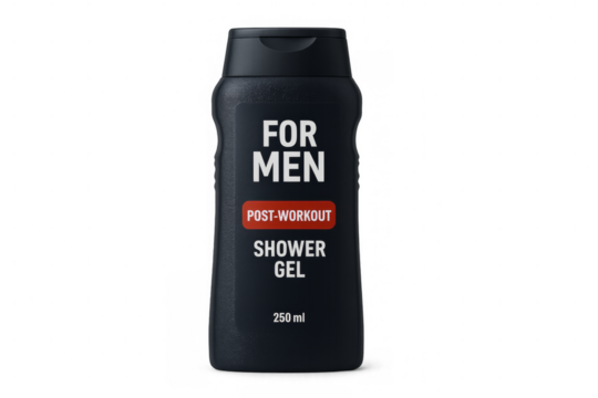 Black plastic bottle of post-workout shower gel for men on transparent background