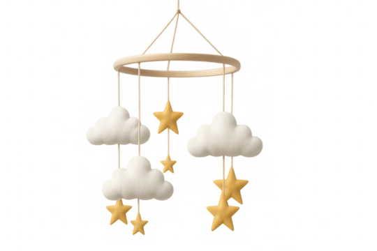 Baby mobile with clouds and stars hanging on transparent background