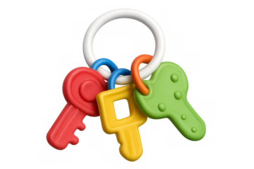 Colorful baby toy keys hanging on white ring with transparent background