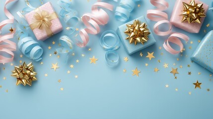 Neat top-down view of birthday elements including wrapped presents, curled streamers, and glitter stars over a calm pastel blue-gray background