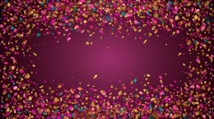Vibrant circles and rectangles of confetti scatter across a maroon background, with a central gap perfect for birthday messages