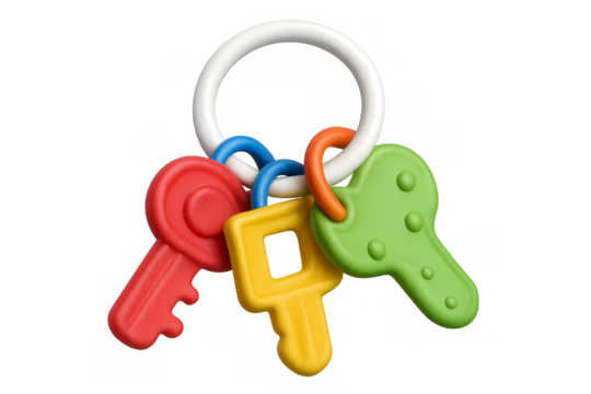 Colorful baby toy keys hanging on white ring with transparent background