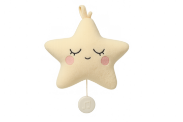 Cute plush star-shaped baby toy with closed eyes hanging on a transparent background