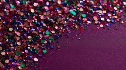 Confetti in vibrant jewel tones emerald, sapphire, ruby gently resting on a dark plum canvas with an untouched area in the middle for holiday or luxury-themed message