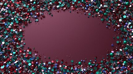 Confetti in vibrant jewel tones emerald, sapphire, ruby gently resting on a dark plum canvas with an untouched area in the middle for holiday or luxury-themed message