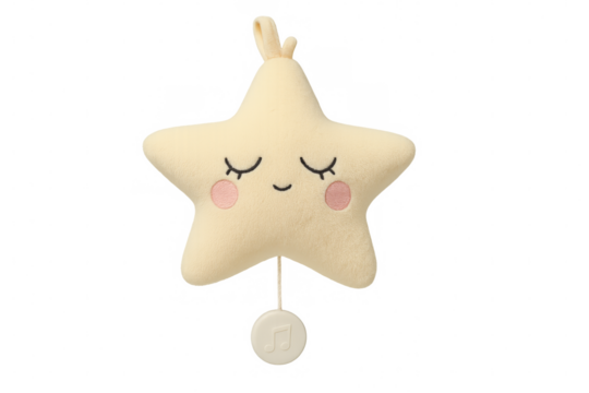 Cute plush star-shaped baby toy with closed eyes hanging on a transparent background