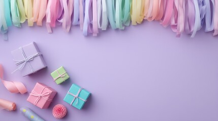 Decorative overhead scene with tiny presents and colorful garlands framing a soft lilac blank space for message or graphic placement
