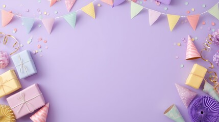 Festive flat lay with mini gift boxes, pastel garlands, and party blowers surrounding a soft lilac background, perfect for card or invite design
