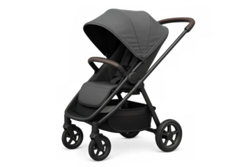 Modern baby stroller isolated on transparent background with canopy and leather handlebar