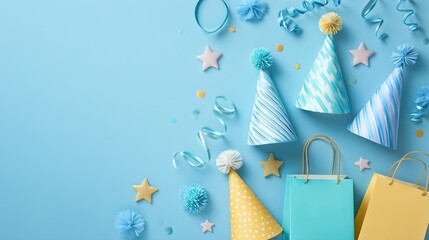 Party hats, curled ribbon and paper stars laid out on baby blue background, keeping a clear central zone for festive titles or announcements