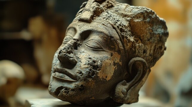 Ancient stone head, weathered and detailed, displayed in a museum.