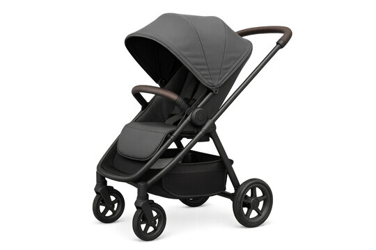 Modern baby stroller isolated on transparent background with canopy and leather handlebar