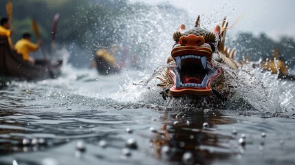 Fototapeta premium Duanwu festival tradition: boat paddling, historical festivity, commemorative honor, vibrant spectacle, ancient remembrance, waterborne contest, cultural significance, legendary homage, 