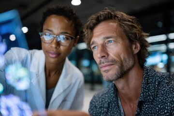 Two diverse scientists collaborate thoughtfully while analyzing data projections in a modern lab, highlighting teamwork and scientific advancement in a vibrant environment.