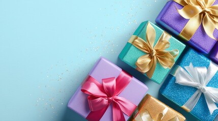 Vivid gift boxes and glossy ribbon swirls presented against pastel denim-blue surface with small glints for a bold celebratory tone