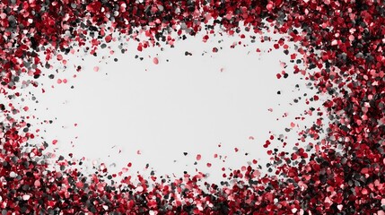 Dynamic red and black confetti corners on white with bold central space ideal for dramatic event invitations or announcements