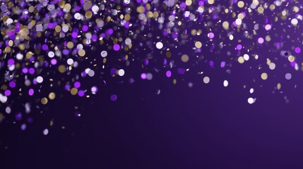 A cascade of vibrant neon and metallic confetti falls across deep purple with an open lower section ideal for bold text placement or celebratory graphic design.