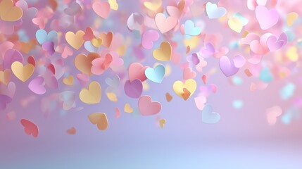 Colorful heart confetti scattered over pastel gradient background, ideal for love-centric designs with serene empty center