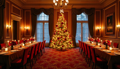Elegant dining room decorated for Christmas with a large tree  