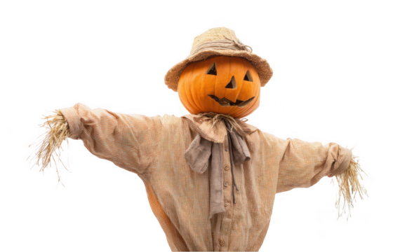 Halloween scarecrow with a pumpkin head, isolated on a white background, png, transparent
