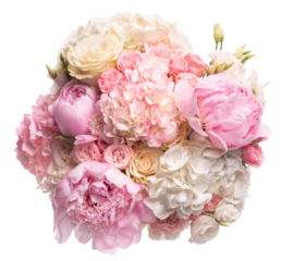 PNG. Luxurious round bouquet of pink and white peonies, roses, hydrangeas and Asian buttercups	
