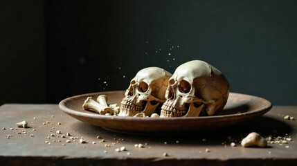 Two Human Skulls Resting on an Antique Dish with Scattered Bones and Fragments