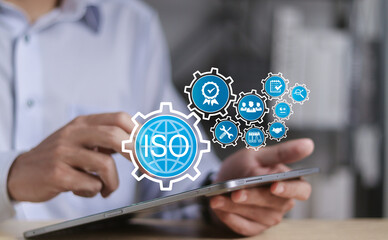 ISO standards quality control concept. Quality assurance, compliance, global standards, and...