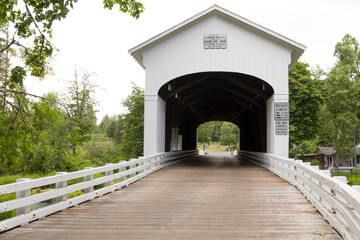 USA, Oregon, Lane County, Jasper Place Road, Fall Creek. Pengra Covered Bridge. 120 Foot Howe Truss Structure.