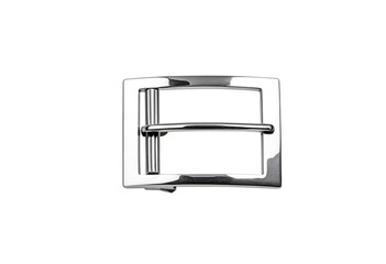 A stainless steel belt buckle on a white background.