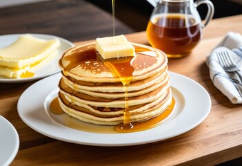 A stack of pancakes with butter and syrup on a plate.