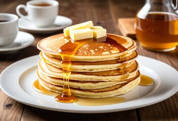 A stack of pancakes with butter and syrup on a plate.