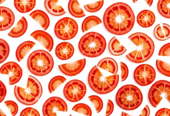 A group of sliced tomatoes on a white background.