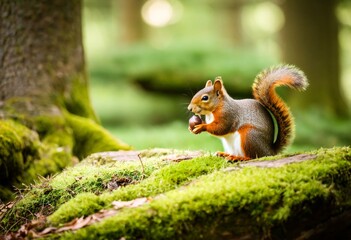 A squirrel sitting on a moss covered rock eating an acorn.