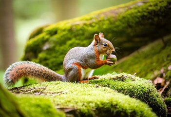 A squirrel sitting on a moss covered rock eating an acorn.