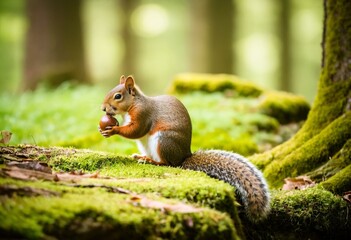 A squirrel sitting on a moss covered rock eating an acorn.
