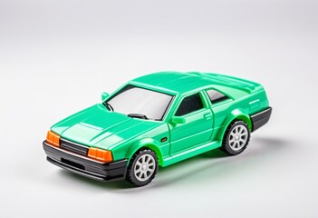 A green toy car on a white surface.