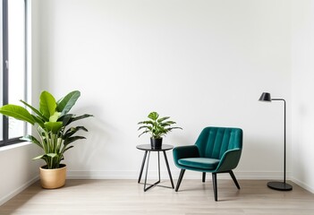 A green chair sitting next to a potted plant in a room.