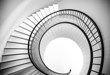 Fototapeta premium A spiral staircase in a white room with large windows.