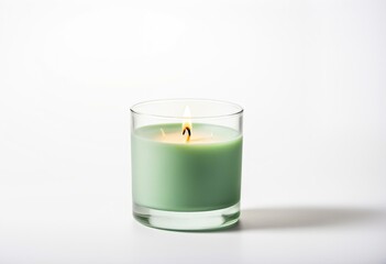 A green candle sitting on top of a white table.