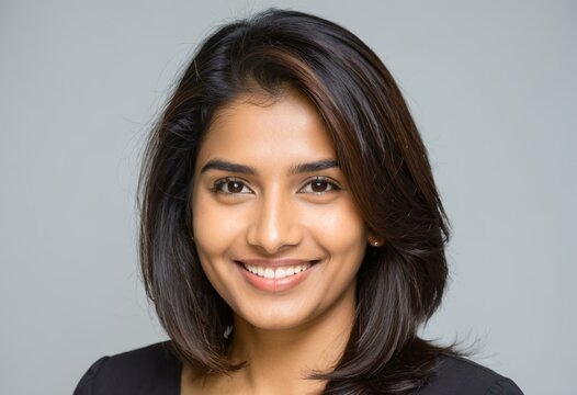 A smiling woman in a white shirt.