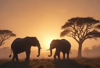 Fototapeta premium Solitary elephant silhouetted against misty savannah sunrise , wild, africa