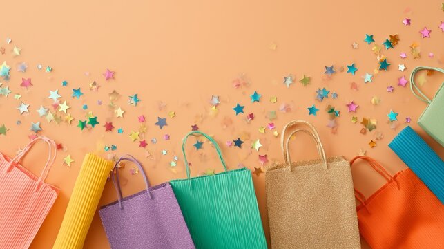 Party flat lay with vibrant bags, party paper rolls, and confetti stars resting on a soft peach gradient, ready for event text placement