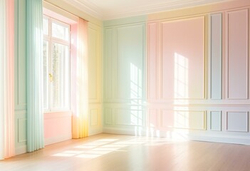 A room with pink walls and a wooden floor.