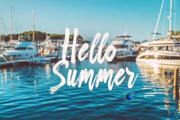 the text "Hello Summer" written in elegant script, with a backdrop of a sunlit marina and boats, symbolizing warmth and leisurely nights at sea Generative AI