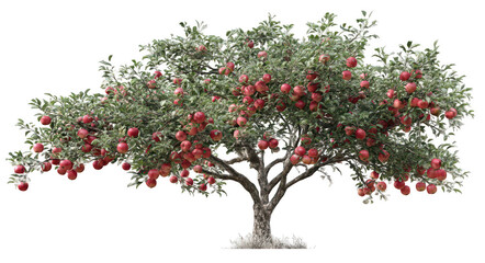 Obraz premium A realistic apple tree with red apples on a white background, png, transparent