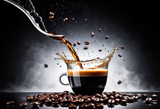 A cup of coffee being poured into a white cup.