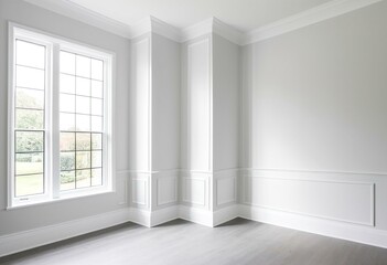 A room with a large window and a wooden floor.