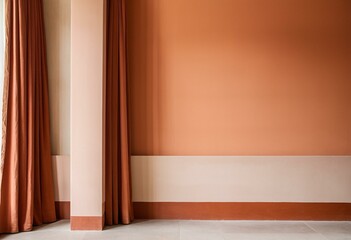 A room with a curtain and a wall in it.