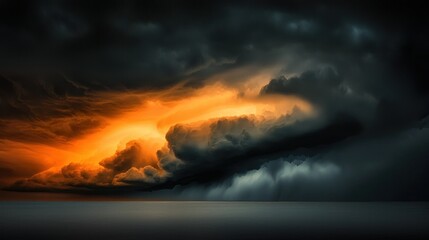 Dramatic storm clouds illuminate the dark sky with brilliant orange light